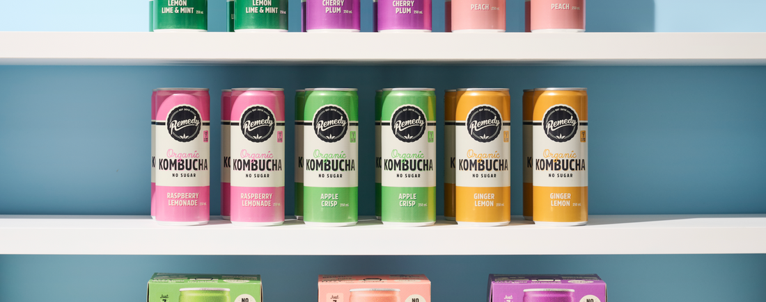 Remedy Kombucha cans on a shelf